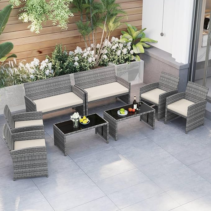 RELAX4LIFE 8-Piece Patio Furniture Set - Wicker Rattan Outdoor Sectional Sofa Set w/Glass Coffee Table, Loveseat, Chairs & Soft Cushions, Bistro Conversation for Garden Porch (2, Grey-Off White)