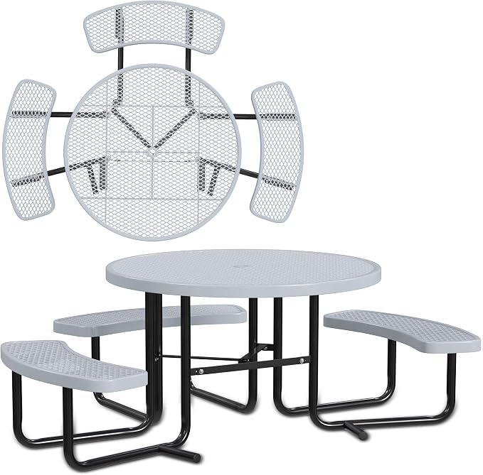 Leisure Craft Metal Picnic Table with Bench - 46" Round Outdoor Dining Table with Umbrella Hole, Heavy Duty Thermoplastic Coating, ADA Compliant, Commercial Grade Furniture Made in USA - Gray