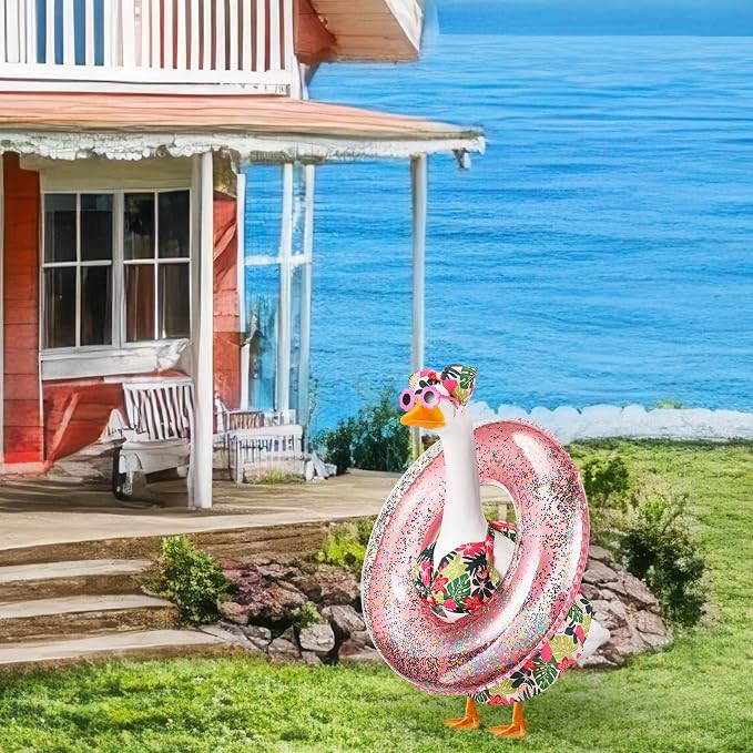 FuWeave Bikini Porch Goose Outfits with Sunglasses and Swimming Tube for 23" Hawaiian Flower Summer Goose Costume Garden Patio Statue Decor