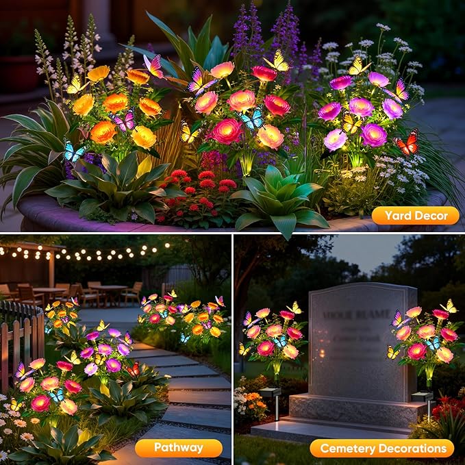 Solar Flowers Lights Outdoor Waterproof: 3 Pack LED Solar Lights Decorative for Outside Garden Decor with Butterfly Auto-On/Off for Yard Landscape Lighting, Gifts for Mom Gardening Enthusiasts