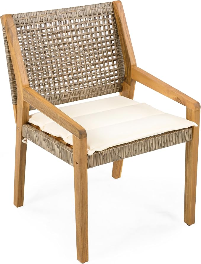 Christopher Knight Home Samma Acacia Wood Outdoor Dining Set for 4, Patio Dining Table Set for 4, Outdoor Dining Table and Sled Base, Dining Chairs with Cushion + Wicker Backrest, Teak+Brown+Cream