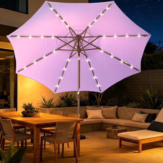 9FT Solar-Powered LED Patio Umbrella with Tilt Crank,Outdoor Market Umbrella with 32 Lights,Sunshade for Deck, Garden and Pool