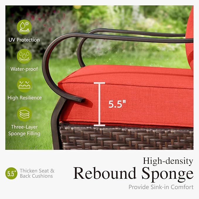Sophia & William Patio Furniture Set, 4 Piece Metal Outdoor Conversation Set with 2-Seater Outdoor Couch, 2 Swivel Chairs, 1 Coffee Table for Outdoor Seating, Backyard, Porch(Red)
