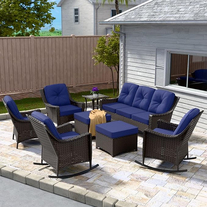 Stone Creek Outdoor Furniture Set with Rocking Chairs, Patio Chairs, 3 Seater Couch, Side Table & Ottomans, Wicker Patio Conversation Set, Balcony Furniture, 8 Piece, Brown/Blue