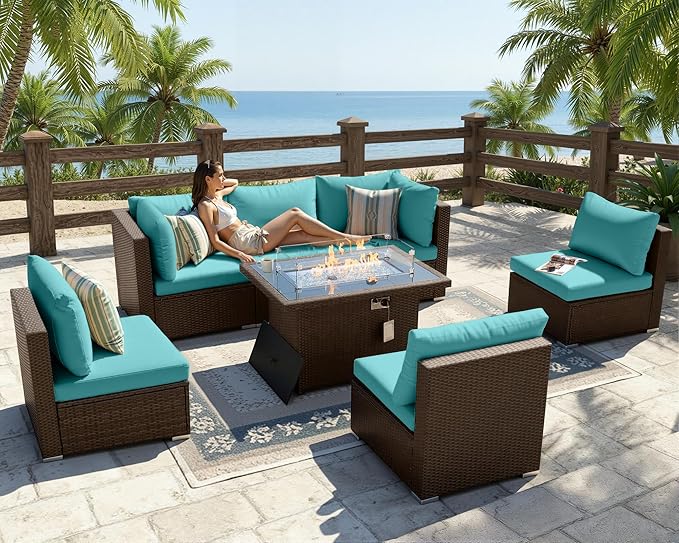 BULEXYARD 7-Piece Outdoor Patio Furniture Set with Propane/Natural Gas Fire Pit Table, High-Back Large Size Outside Sectional Couch Sofa, Comfy Wide Deep Seats for Yard, Brown Rattan & Teal Cushion