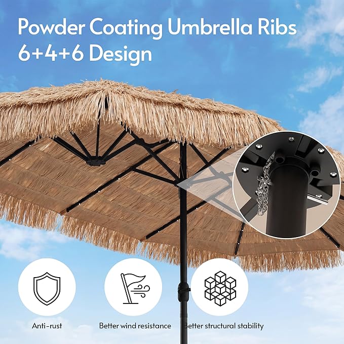 15ft Double-Sided Patio Umbrella with Solar Lights and Base Included, Large Patio Umbrella with 48 LED Dual-Color Lights, 135 Sq Ft Shade Area Patio Table Umbrella for Pool, Outddor, Deck (Tiki Hawaii)