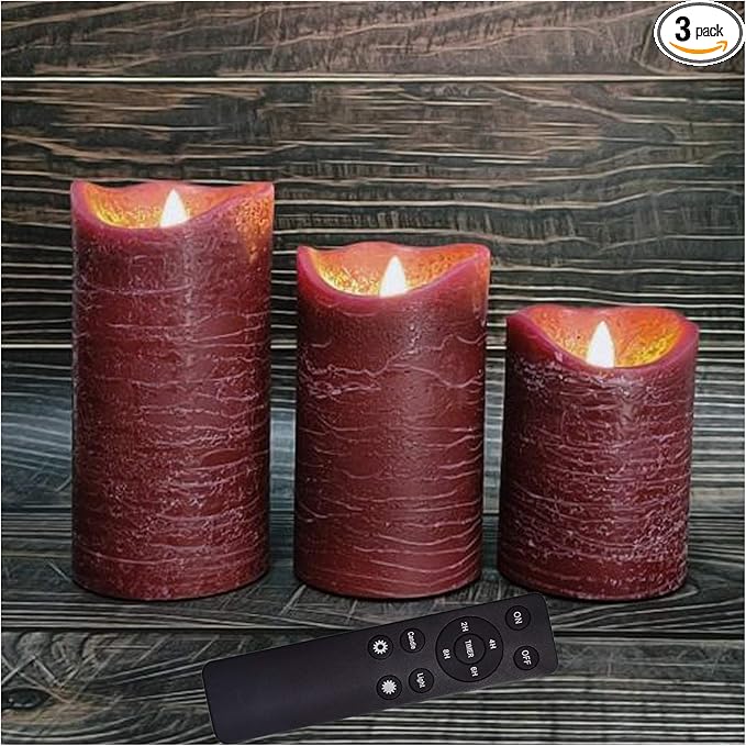 Battery Operated Flameless Led Candles Real Wax Pillar Candles with Remote Timer Electric Flickering Decorative Burgundy Wax Candles for Home Wedding Party Centerpiece Decor 3 Pack 3”X 4”, 5”, 6”