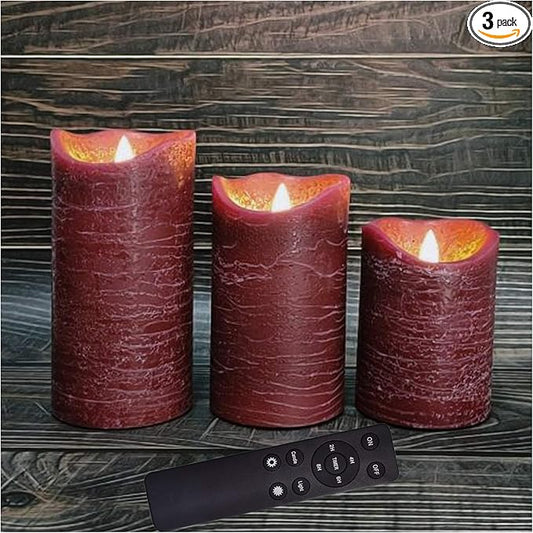 Battery Operated Flameless Led Candles Real Wax Pillar Candles with Remote Timer Electric Flickering Decorative Burgundy Wax Candles for Home Wedding Party Centerpiece Decor 3 Pack 3”X 4”, 5”, 6”