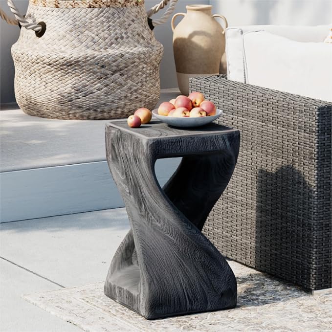 SUNBURY Outdoor Side Table, Big Twist Shape Accent Table, 20" H Patio Faux Concrete End Table, Faux Wooden Garden Stool Log for Patio Garden Balcony Porch, Grey