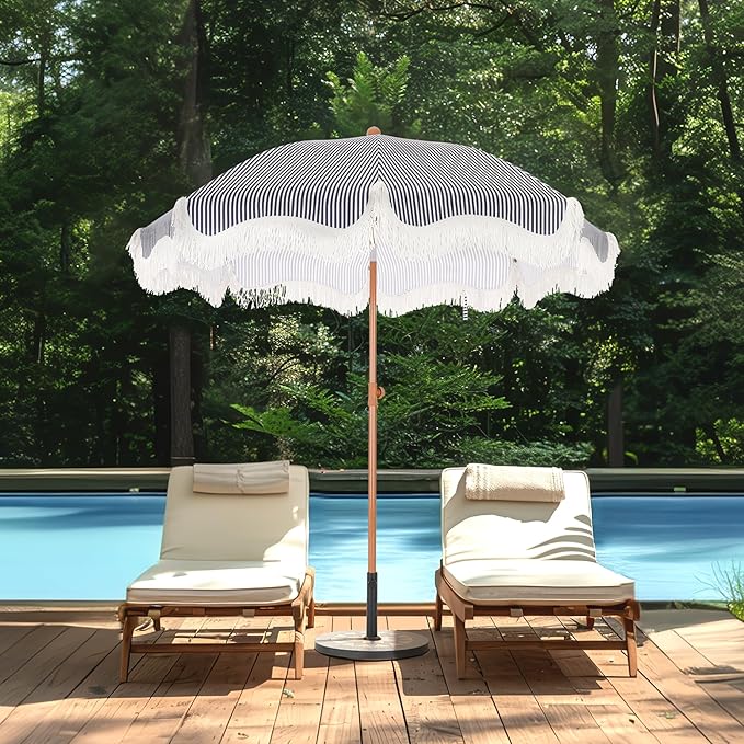 MFSTUDIO 7ft Beach Umbrella with Fringe, Tassel Umbrellas UPF50+ with Tilt Button & Crank, Holiday Outdoor Umbrella with Carry Bag, Ideal for Garden Lawn Poolside, Navy Blue Stripe