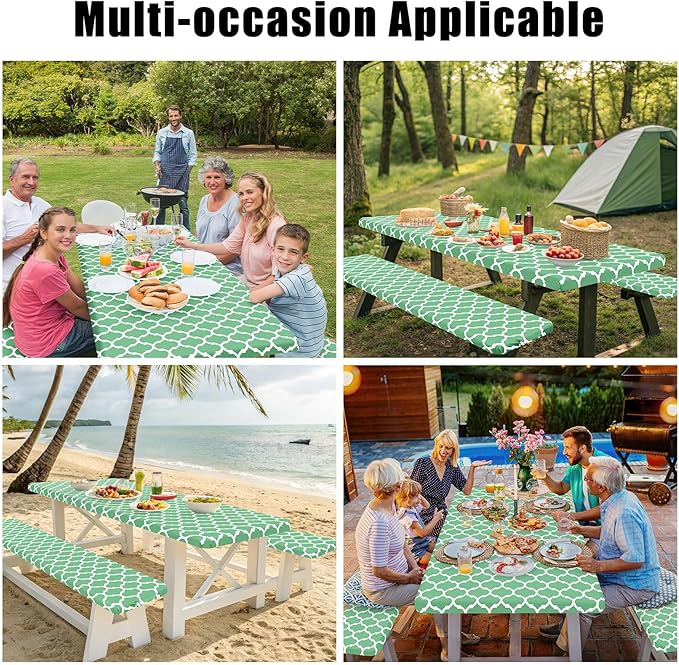 Smiry Picnic Table Cover with Bench Covers, Waterproof Elastic Fitted Tablecloth for 8 Foot Tables, Washable Polyester Tablecloths for Camping, Indoor & Outdoor (Sage Green, 30x96 Inch 3-pc Set)