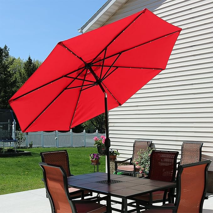 Sunnydaze 9 ft Outdoor Patio Umbrella with Solar Lights - Polyester LED Table Market Umbrella with Push-Button Tilt and Crank - Red