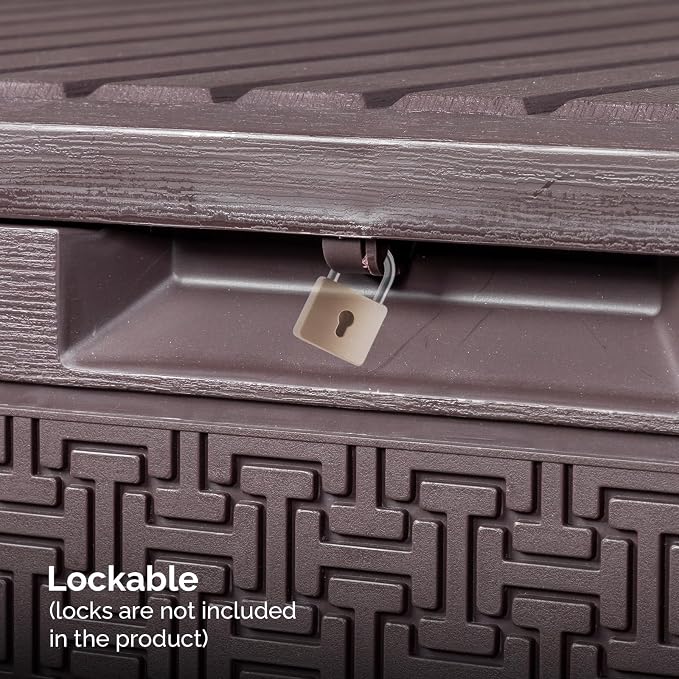 90 Gallon Waterproof Outdoor Storage Box, Large Plastic Storage Deck Box for Outside and Patio, Storage Bin Bench with Lid & ockable Seat (Brown)