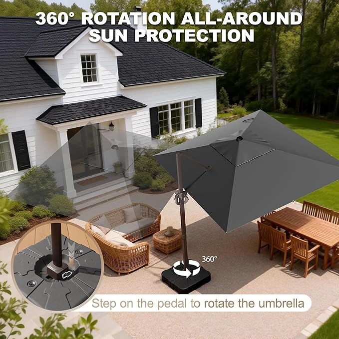 9' X 12' Cantilever Patio Umbrella Rectangle Outdoor Umbrella with Base Included, 6-Level Tilt & 360° Rotation Offset Umbrella for Garden, Deck, Pool (Grey)