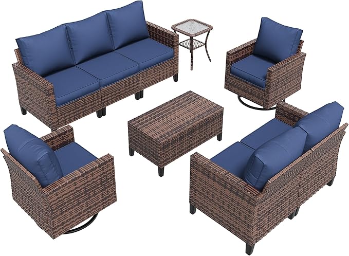 Amopatio Patio Furniture Set, 6-Piece Wicker Outdoor Sectional Sofa with Swivel Rocker Chairs, Rattan Conversation Set with Storage Coffee Table and Waterproof Cover for Backyard Brown/Navy