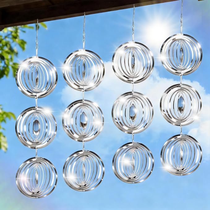 Bird Deterrents for Outside, 12 Discs Stainless Steel 3D Wind Spinners Garden Decor, 4 Sets Reflective Bird Scare Devices to Keep Woodpeckers, Pigeons Away from Patio, Balcony, Porch, Deck