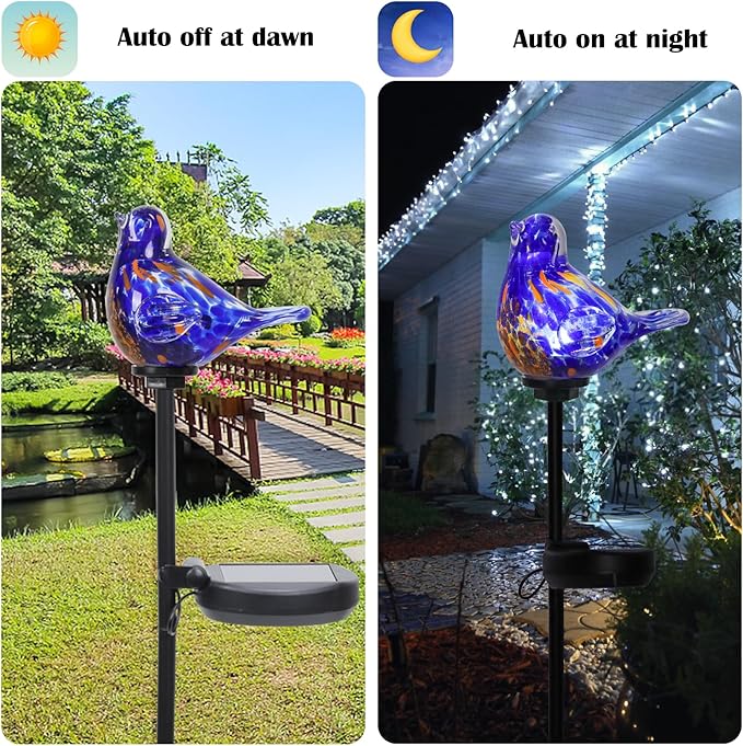 Afirst Decorative Solar Lights Outdoor Solar Bluebird Stake Lights Hand Blown Glass Decorative Garden Pathway Lights Outdoor Waterproof Glass Stakes Dark Blue