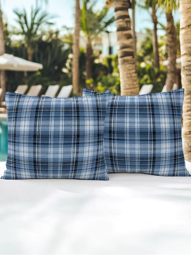 Waterproof Outdoor Pillow Set of 2 Blue Checked Plaid Decorative Throw Pillows Cover & Insert 18x18 Inch Pillowcase Stripes Woven Grid Square Pillows for Couch Sofa Bed Patio Furniture Indoor Outdoor
