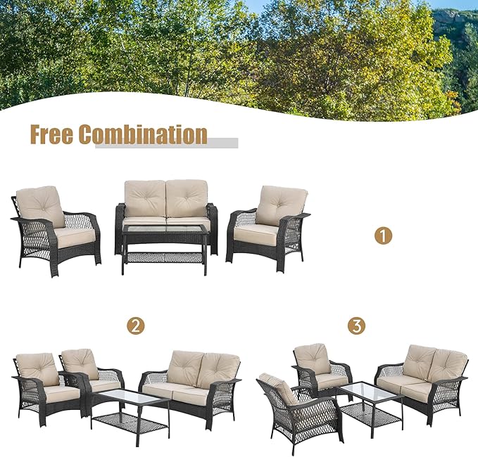 Tangkula 4 Pieces Outdoor Patio Furniture Set, Patiojoy PE Wicker Conversation Sofa Set with Tempered Glass Coffee Table, Sectional Rattan Patio Sofa Set for Garden, Backyard, Poolside (Beige)