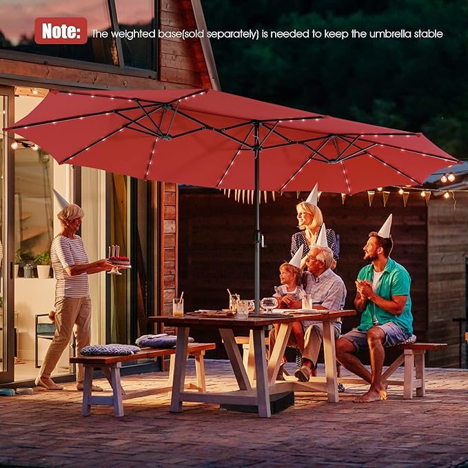 Giantex 15 FT Double Patio Umbrellas with 48 Solar LED Lights, Auto-Charging Panel, Crank System, Outdoor Extra-Large Rectangle Market Table Umbrella for Garden Deck Backyard Beach Pool