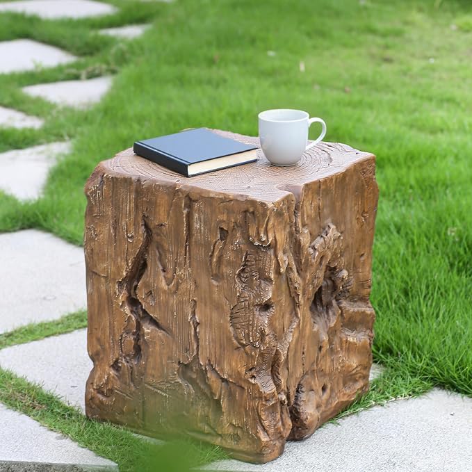 Christopher Knight Home Nataly 18.25" H Small Outdoor Side Table, Stump Shape Carved Garden Stool, Lightweight Concrete End Table, Patio Decorative Home Stool for Balcony Poolside Backyard, Brown