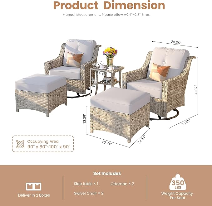 HOOOWOOO Patio Furniture Set,5 Pieces Wicker Outdoor Furniture,High Back Conversation Set with All Weather Resistant Swivel Chairs with Ottoman Side Table,Light Gray