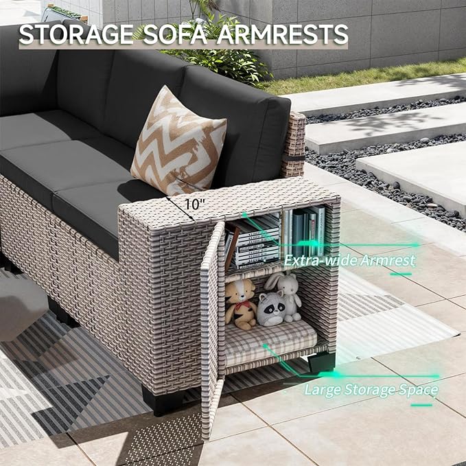 10-Piece Outdoor Patio Furniture Set, Modular Sectional Sofa Set with Swivel Rocker Chairs & Fire Pit, Wicker Outdoor Couch Conversation Sets w/Coffee Table and Cushions, Black