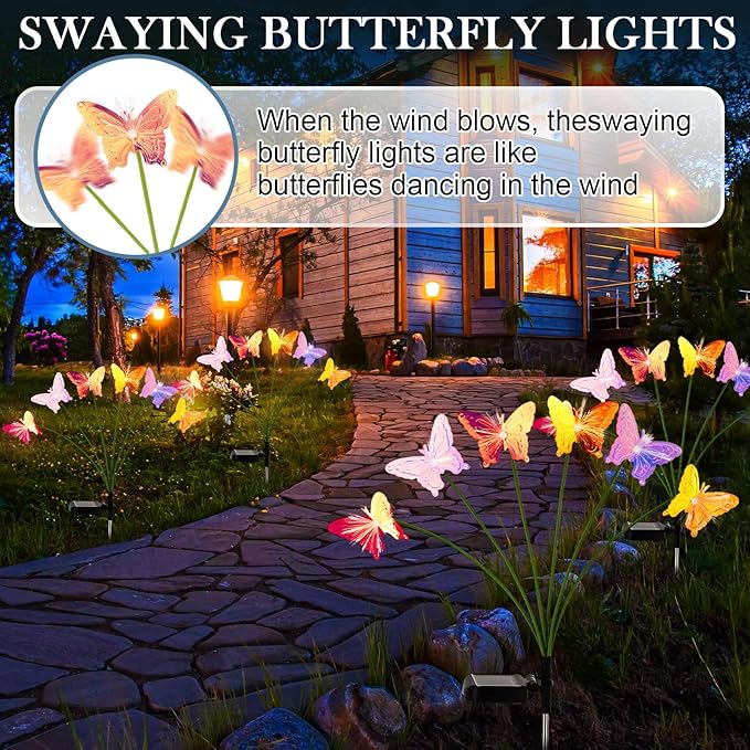 4 Pack Solar Butterfly Lights Outdoor Garden, 6 Head Solar Swaying Pathway Stake Lights Waterproof for Yard Lawn Patio Walkway Landscape Decor