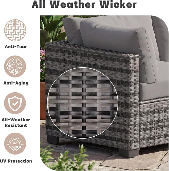 Patio Furniture Set 7 Pieces Conversation Set Wicker Outdoor Sectional Sofa,Ergonomic Armrests Couch with Cushion and Glass Table (Light Grey-Light Grey, 7 Piece-Single)