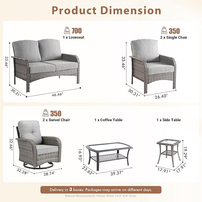 7 Pieces Outdoor Patio Furniture Set with Coffee Table, All Weather Wicker Patio Conversation Sets with Rocking Chairs, Balcony Furniture Sets for Backyard, Garden, Poolside, Dark Grey