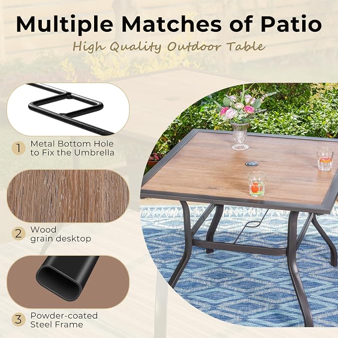 MIXPATIO Outdoor Patio Square Dining Table, 37"x 37" Wood-Like Tabletop with Adjustable Umbrella Hole and Faux Wood Tabletop, All Weather Wrought Iron Black Outdoor Table for Deck Lawn Backyard