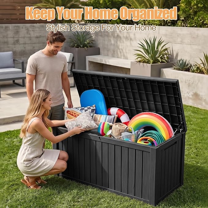 230 Gallon Outdoor Storage Box, Large Resin Deck Box, Waterproof Lockable Storage Container Bins, Reinforced Stability for Patio, Garden and Poolside, Black