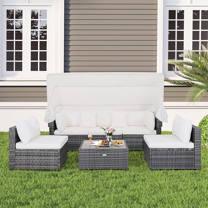 HAPPYGRILL 6-Piece Rattan Wicker Furniture Set with Canopy, Patio Conversation Set with Tempered Glass Coffee Table, Outdoor Sectional Sofa Set for Backyard Poolside