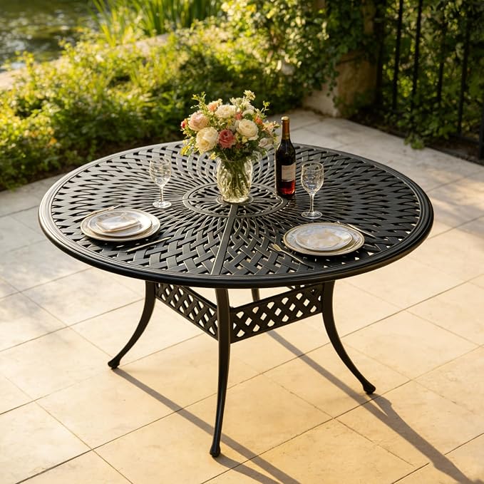 MEETWARM 61" Round Cast Aluminum Patio Dining Table, Weather-Resistant Large Outdoor Dining Table for 8 Person, Patio Furniture Table with Umbrella Hole and Adjustable Foot Pads, Dark Bronze
