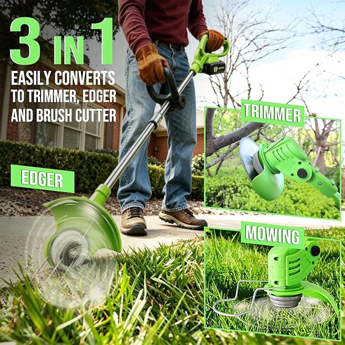 Cordless Weed Wacker, 21V Battery Powered Weed Eater with 2 Battery and Charger, Electric Grass Trimmer with 5 Types 26Pcs Blade, 3 in 1 Stringless Weed Trimmer Brush Cutter Edger for Lawn Garden