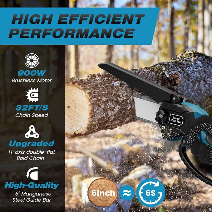 6-Inch Electric Chainsaw Cordless, Brushless Portable Handheld Small Chain Saw with 2 Batteries, for Wood Cutting/TreeTrimming/Courtyard
