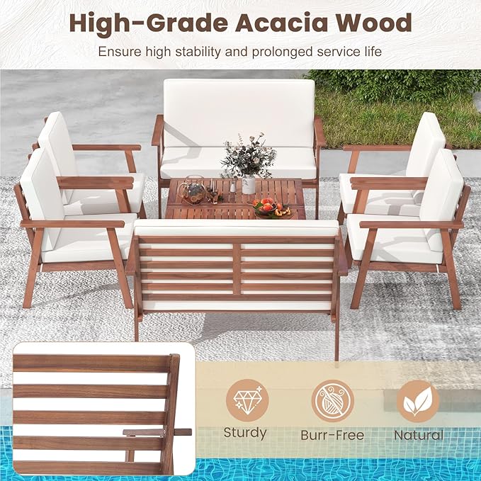 Tangkula 4 Piece Outdoor Conversation Set, Acacia Wood Sofa Set with Soft Seat & Back Cushions, Rectangle Coffee Table Patio Wood Furniture Set for Backyard, Poolside, Garden (2, Off White)