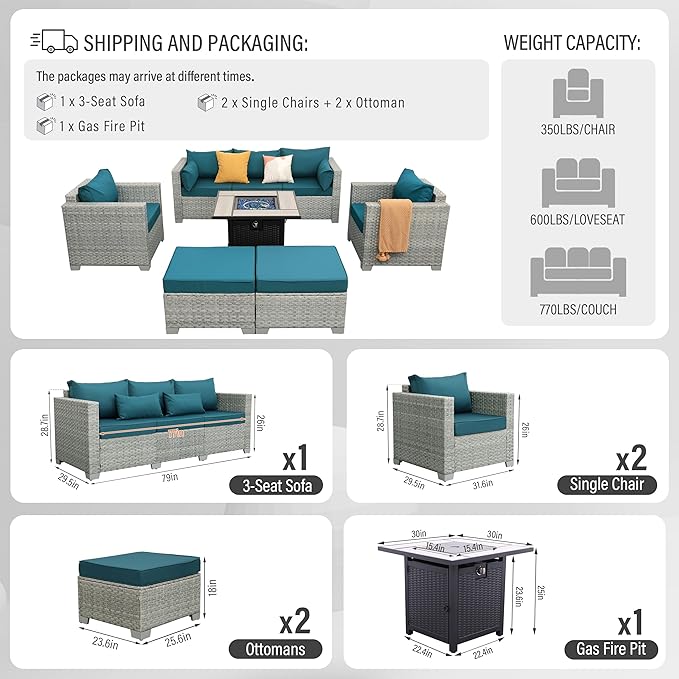 WAROOM Patio Furniture Set 6 Piece PE Rattan Outdoor Conversation Sets Grey Wicker Couch Sectional Sofa with 30" Fire Pit Table and Peacock Blue Cushion