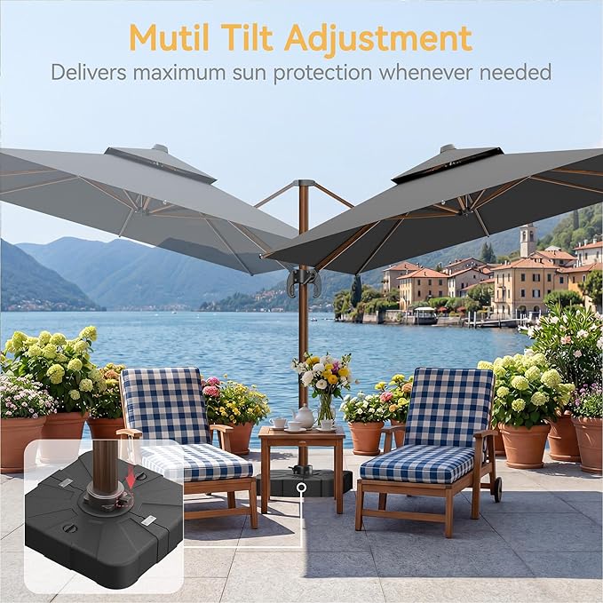 10x13 FT Wood Pattern Patio Umbrella with Base, Large Deluxe Cantilever Rectangular Double Top Heavy Duty Offset Umbrellas with 360° Rotation, Outdoor shade for Garden Pool Patio, Grey