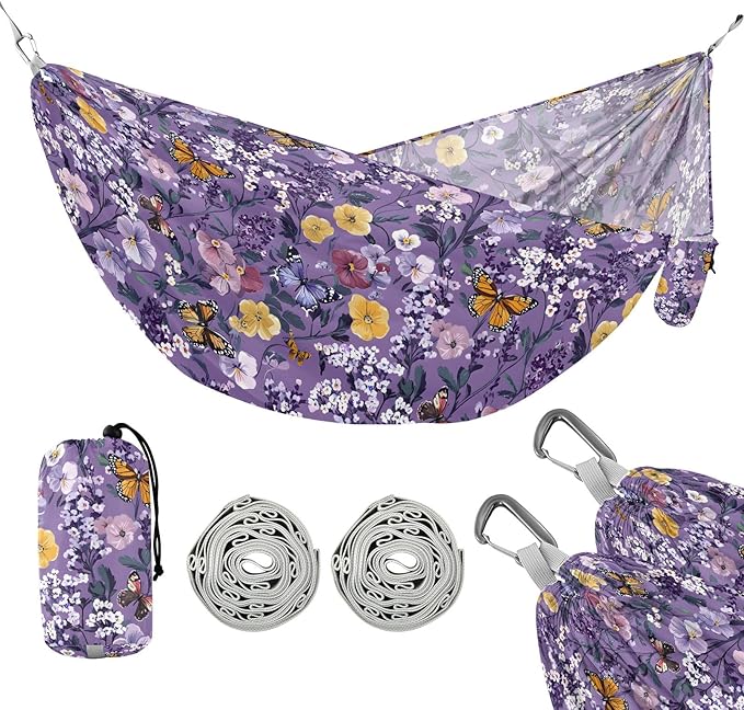 Camping Hammock Outdoor Hammocks for Outside Purple Flowers Beach Trees Portable Lightweight with Pockets Tree Straps Indoor