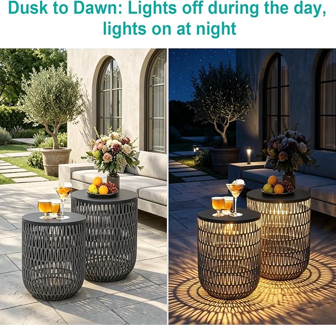 HMVPL Solar Patio Side Table Set of 2 with Dimmable Light, Round Outdoor Side Table for Patio, Outdoor End Accent Tables, Plastic Rattan Outside End Table for Poolside Backyard Gazebo, Dusk to Dawn