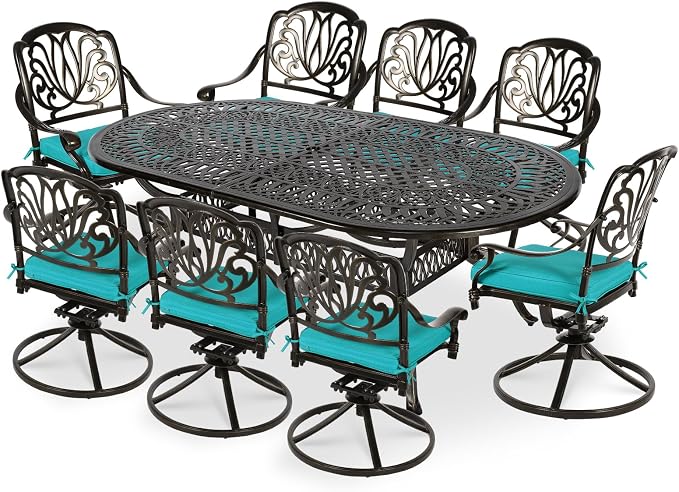 VIVIJASON 9-Piece Patio Furniture Dining Set, All-Weather Cast Aluminum Outdoor Conversation Set, Include 8 Swivel Dining Chairs and an Oval Table with Umbrella Hole, Ocean Blue Cushion