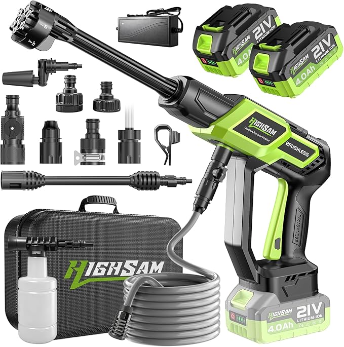 Highsam Cordless Handheld Washer,1500PSI Brushless Portable Cleaning Tool | 2×4000mAh Batteries,6-in-1+Rotating Nozzle, Foam Cannon,Battery Operated Washer with 16.4FT Hose for Car Home Patio Garden