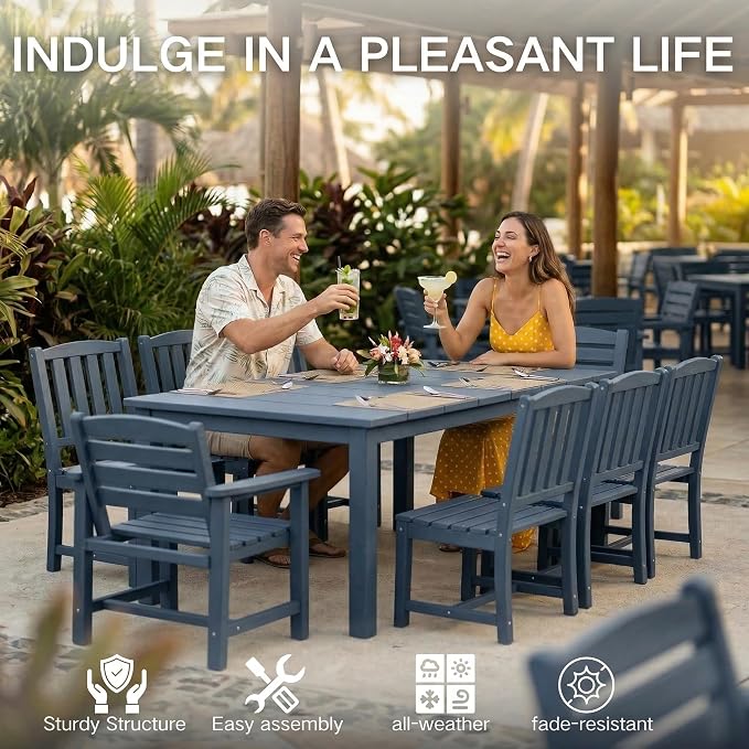 Kingdura 9 Piece Patio Dining Set for 8, 75.2'' HDPE Outdoor Dining Table Set with 2" Umbrella Hole, Weather-Resistant Outdoor Furniture, Table and Chairs Set for Backyard Pool Garden, Navy Blue