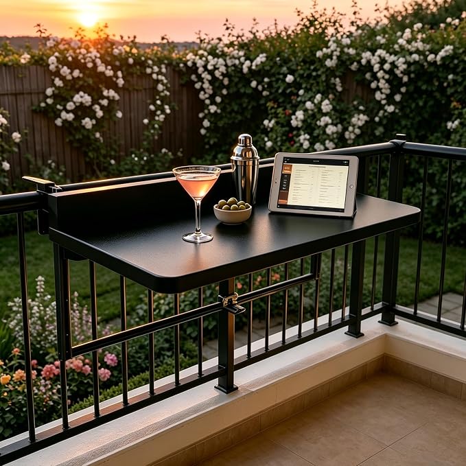 Balcony Bar Table Hanging for Railings, Outdoor Adjustable Height Folding Deck Rail Table for Patio, Garden, Renter-Friendly Space Saving, Aluminum Weatherproof Fits Round/Square Rails, Black