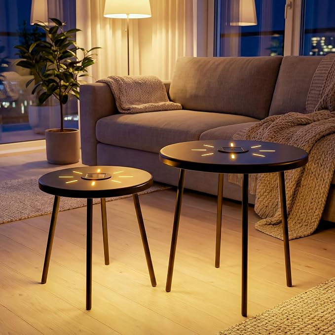 2-Pack Solar Side Table with LED Light, Outdoor Indoor Nesting Round End Table Set, Metal, Black 19.7" & 15.7"
