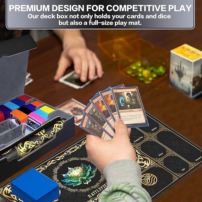 PROMAXIBINDER Trading Card Storage Box Fits 4000+ Cards, 4-Row MTG Commander Deck Case with Playmat, 6 Movable Partitions 24 Dividers PU Leather Magnetic Closure, Magic/TCG/YuGiOh/Sport (Black&Grey)
