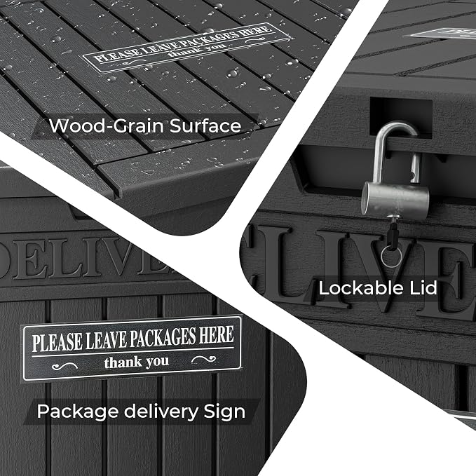 Package Delivery Box for Outside With Sign, Lockable Outdoor Storage Box Waterproof Deck Box, Large Double Wall Resin Parcel Drop Boxes, 48 Gallon, Black