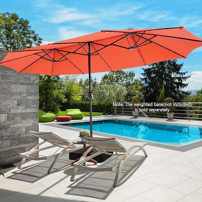 Tangkula 15 Ft Solar Patio Umbrella, Double-Sided Extra Large Outdoor Market Table Umbrella with 48 LED Lights, Crank Handle, 12 Sturdy Ribs for Poolside, Garden & Backyard (Orange)
