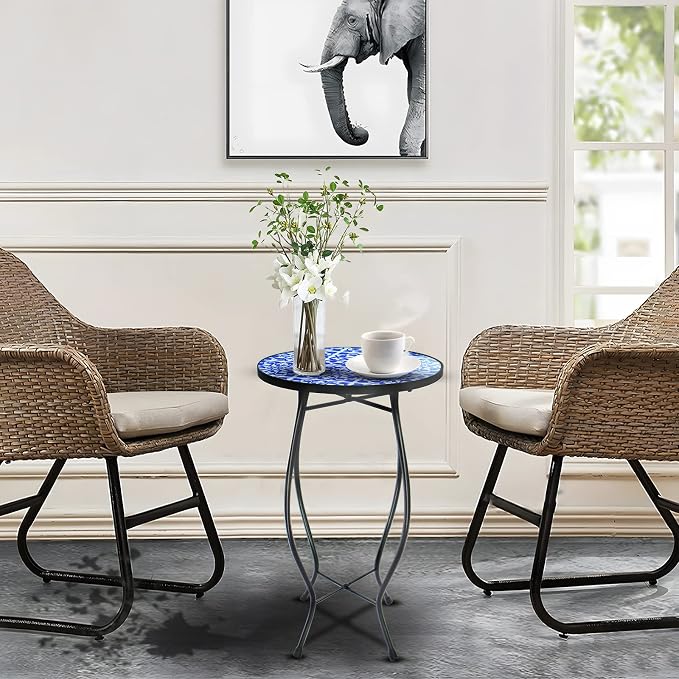 Arbuxzuy 12 Inch Small Outdoor Side Table with Blue-White Mosaic, Glass Mosaic Patio Table Indoor, Round Plant Coffee Table for Living Room, Balcony, Garden